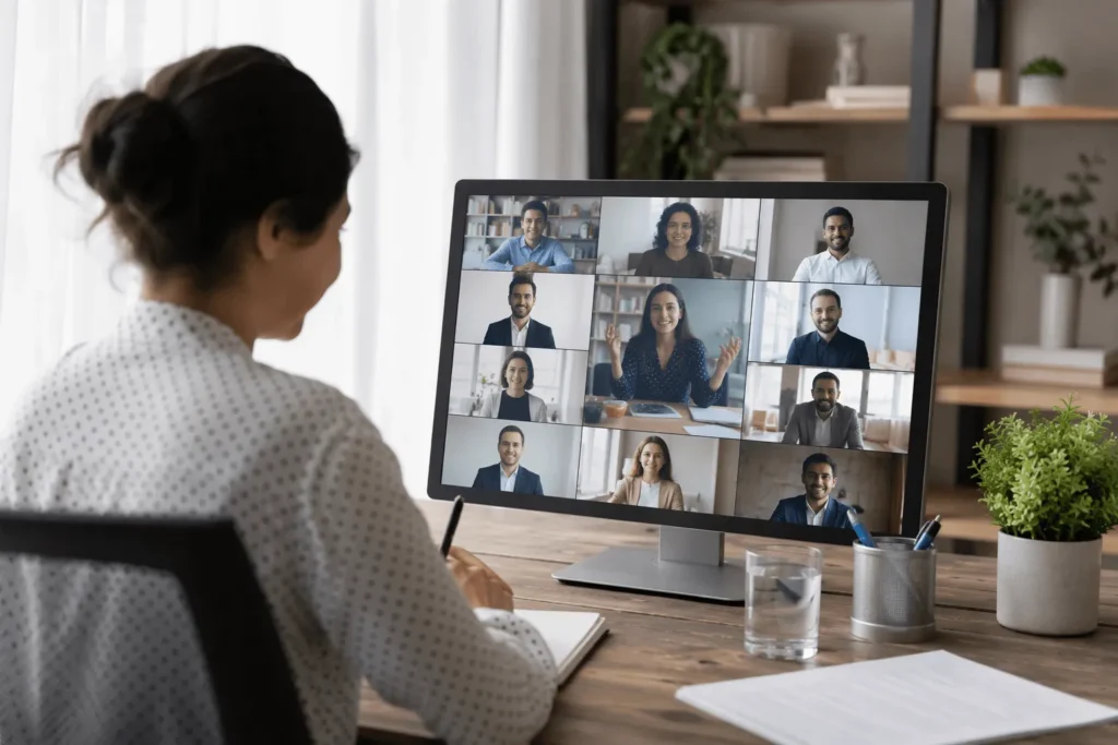 Alt Text Learn how to describe the purpose of the image(opens in a new tab). Leave empty if the image is purely decorative.Title Manager leading a remote team through online collaboration and workforce management tools Caption Description File URL:
