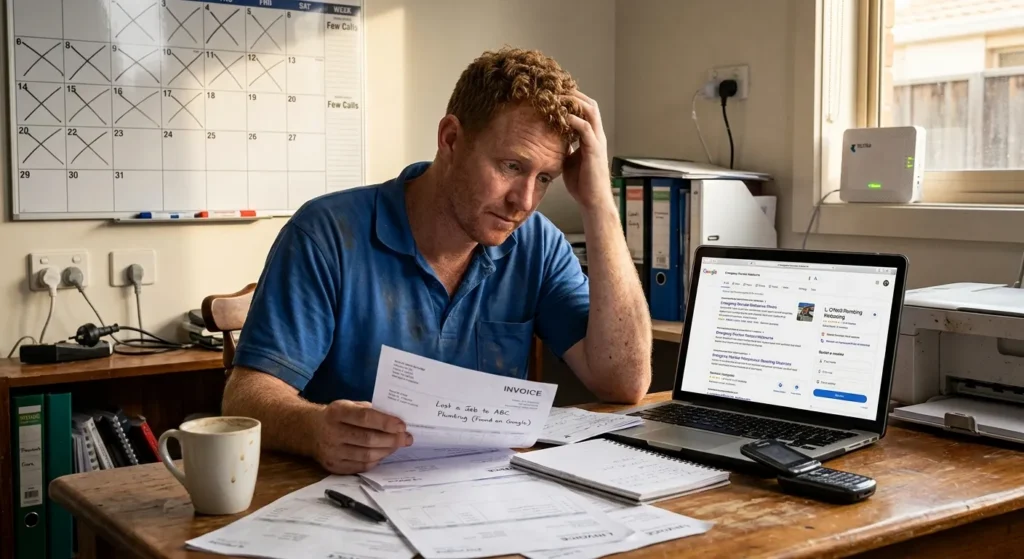 A stressed-out Australian male business owner in a blue shirt holds an invoice while looking at a laptop and touching his hair, with a calendar visible on the wall in the background.