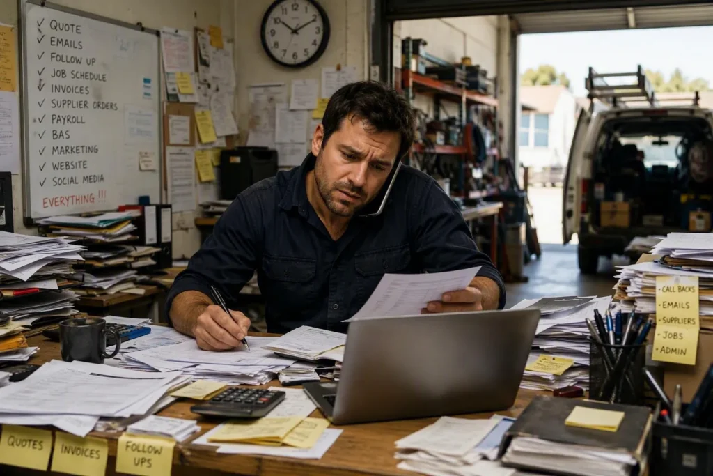 Overworked trade business owner managing quotes, invoices, customer calls, scheduling, and administration alone while running daily operations.