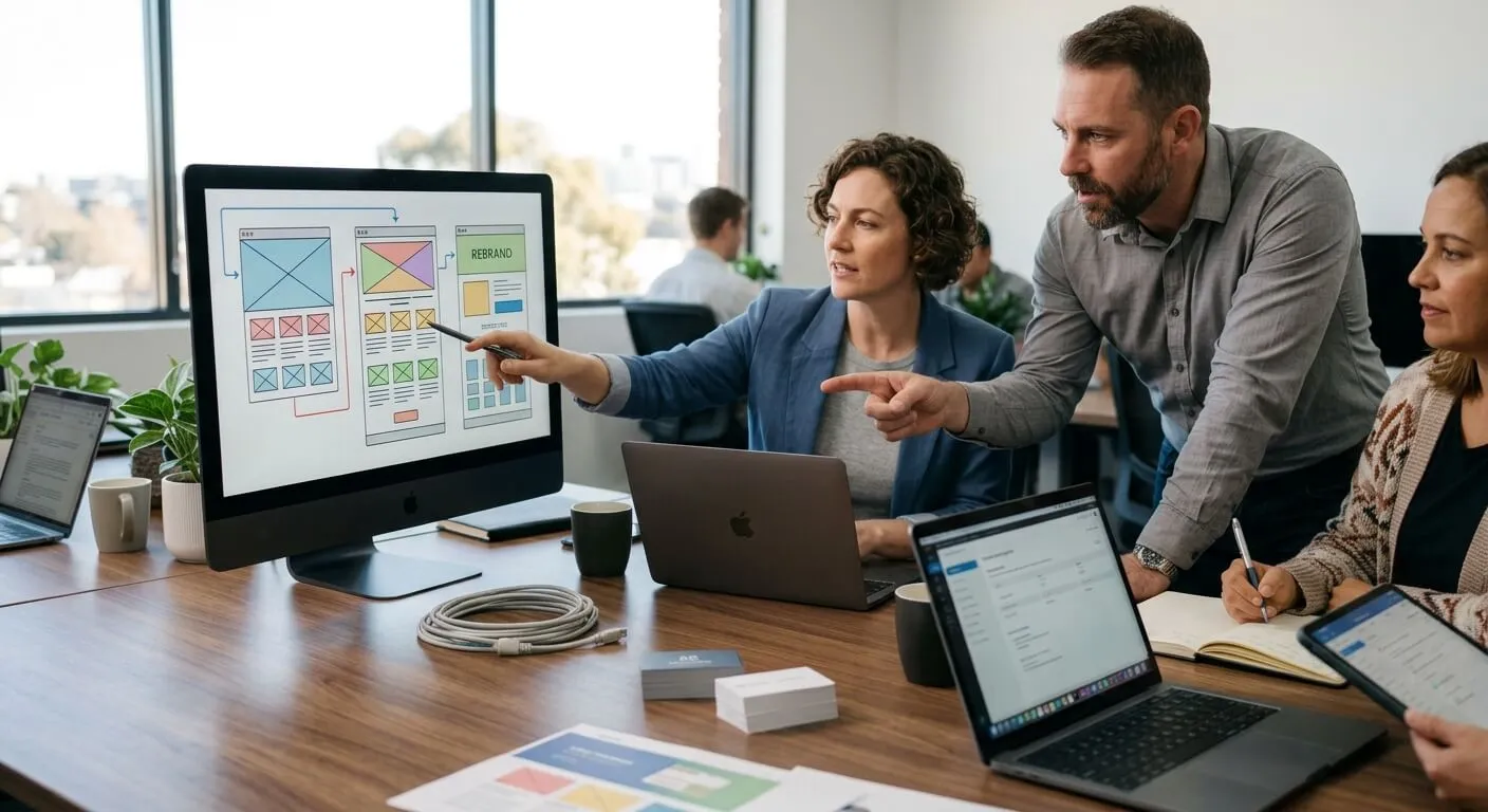 A professional team of three UX designers collaborating on a website redesign at a modern wooden desk in a bright office. One woman points to a clear wireframe diagram on a large monitor, while another woman takes notes and a man looks on, surrounded by laptops.